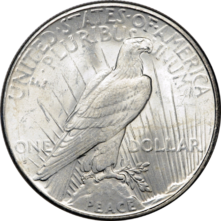 Five 1926-S Peace dollars.