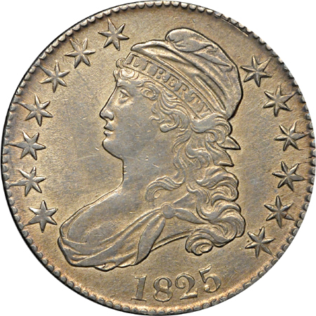 1822 (O-106a, R.4) and 1825 (O-105 R.2) Capped Bust half-dollars, AU.