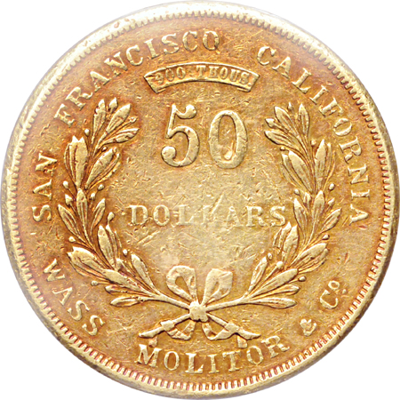 1855 Wass-Molitor $50. PCGS AU-50.