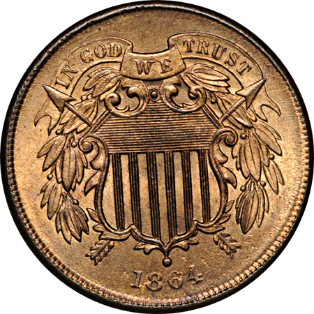 1864 Large Motto and five additional Two cent pieces.