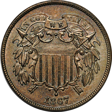 1864 Large Motto and five additional Two cent pieces.