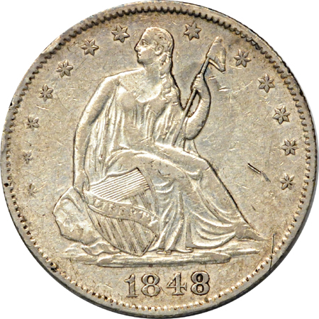 Six half-dollar type coins.