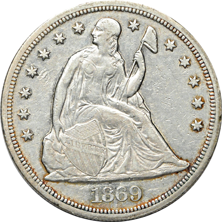 1868 and 1869 Seated Liberty silver dollars.