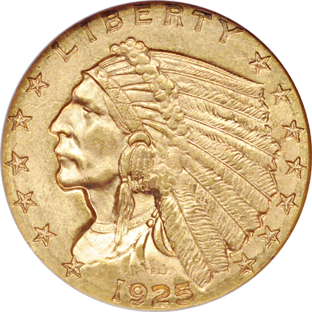 Four Uncirculated 1925-D Indian quarter-eagles graded by NGC.