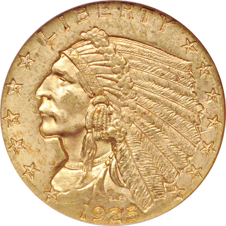 Four Uncirculated 1925-D Indian quarter-eagles graded by NGC.