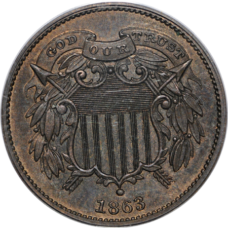 1863 two-cent pattern, J-312. PCGS MS-65 BN.