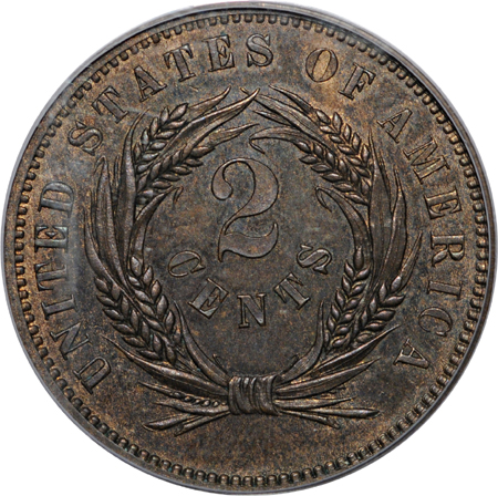 1863 two-cent pattern, J-312. PCGS MS-65 BN.