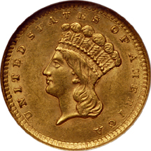 1856 'Slanted 5' and 1873 'Open 3' gold dollars Type 3, NGC MS-62.