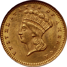 1856 'Slanted 5' and 1873 'Open 3' gold dollars Type 3, NGC MS-62.