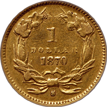 1870-S gold dollar, NCS XF Details Improperly Cleaned.