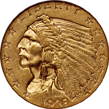 1928 (pair) Indian quarter-eagles, NGC AU-58 and NGC MS-61.