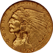 1926 and 1927 Indian quarter-eagles, NGC-MS-61.