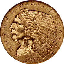 1911 and 1915 Indian quarter-eagles, NGC MS-62.