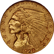 Two 1928 Indian quarter-eagles, NGC MS-63.