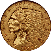 1928 and 1929 Indian quarter-eagles, NGC MS-63.