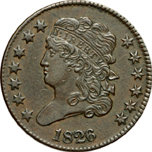 1826 (C-1, R-1) and 1850 (C-1, R-2) half-cents.