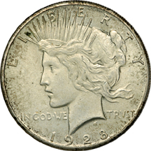 1927, 1928, and 1935 Peace dollars.