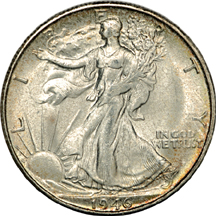 Six Walking Liberty half-dollars.