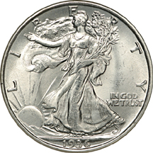 Four 1936 Walking Liberty half-dollars, NGC MS-66.