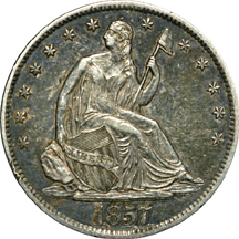 Five Seated Liberty half-dollars.