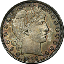 1892 Barber quarter (AU-55) and 1892 Barber half-dollar (MS-60).