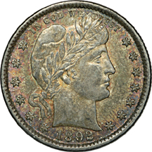 1892 Barber quarter (AU-55) and 1892 Barber half-dollar (MS-60).