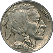 1921-S Buffalo Nickel Mint Error, Obverse Laminated Planchet. PCGS AU-50.