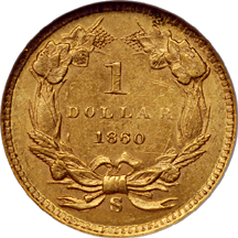 1860-S Gold Dollar, NGC AU-58 Eliasberg.