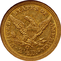 1843-O small date Liberty Head quarter-eagle, NGC AU-58 Eliasberg.