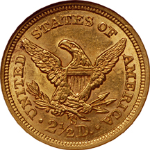 1867-S Liberty Head quarter-eagle, NGC MS-61 Eliasberg.