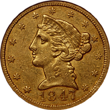 1847-C Liberty Head half-eagle, NGC AU-55 Eliasberg.