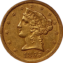 1855-C Liberty Head half-eagle, NGC AU-58 Eliasberg.