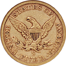 1866-S Liberty Head half-eagle, No Motto. NGC VF-25 Eliasberg.