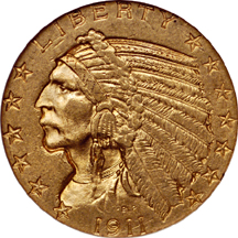 1911-S Indian Head half-eagle, NGC AU-58 Eliasberg.