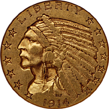 1914-S Indian Head half-eagle, NGC XF-45 Eliasberg.