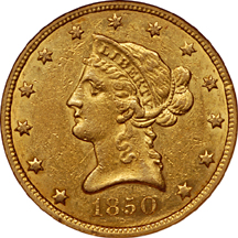 1850 small date Liberty Head eagle, NGC AU-55 Eliasberg.