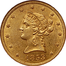 1853 Liberty Head eagle, NGC AU-58 Eliasberg.