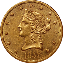 1857-S Liberty Head eagle, NGC AU-58 Eliasberg.