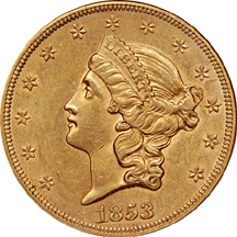 1853 Liberty double-eagle, NGC AU-58 Eliasberg.