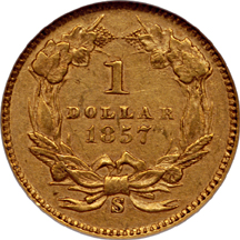 1857-S Gold Dollar, NGC AU-55 Eliasberg.