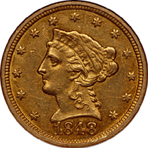 1848-C Liberty Head quarter-eagle, NGC AU-58 Eliasberg.