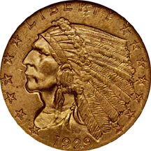 1929 Indian Head quarter-eagle, NGC MS-64 Eliasberg.