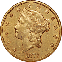 1877-CC Liberty Head double-eagle, NGC AU-53 Eliasberg.