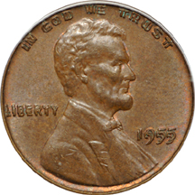 1955 "doubled die" Lincoln cent, PCGS MS-63 BN.