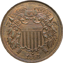 1866 (x2) and 1868 Two cents, PCGS.