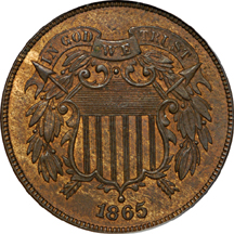 1865, 1867, and 1869 Two-Cent Pieces, PCGS MS-64 RB.