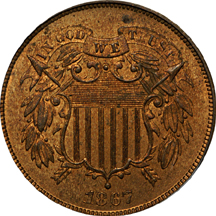 1865, 1867, and 1869 Two-Cent Pieces, PCGS MS-64 RB.