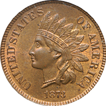 1873 'Open 3" and 1875 Indian Head cents, PCGS MS-64 RB.