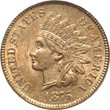 1873 'Open 3" and 1875 Indian Head cents, PCGS MS-64 RB.