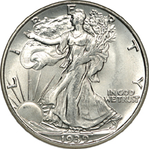 1936, 1939-S, 1946 and 1947 Walking Liberty half-dollars, NGC MS-66.